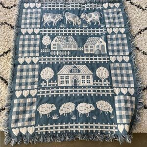 Vintage Blue White Farmhouse Woven Tapestry Throw Blanket Sheep Cows Reversible